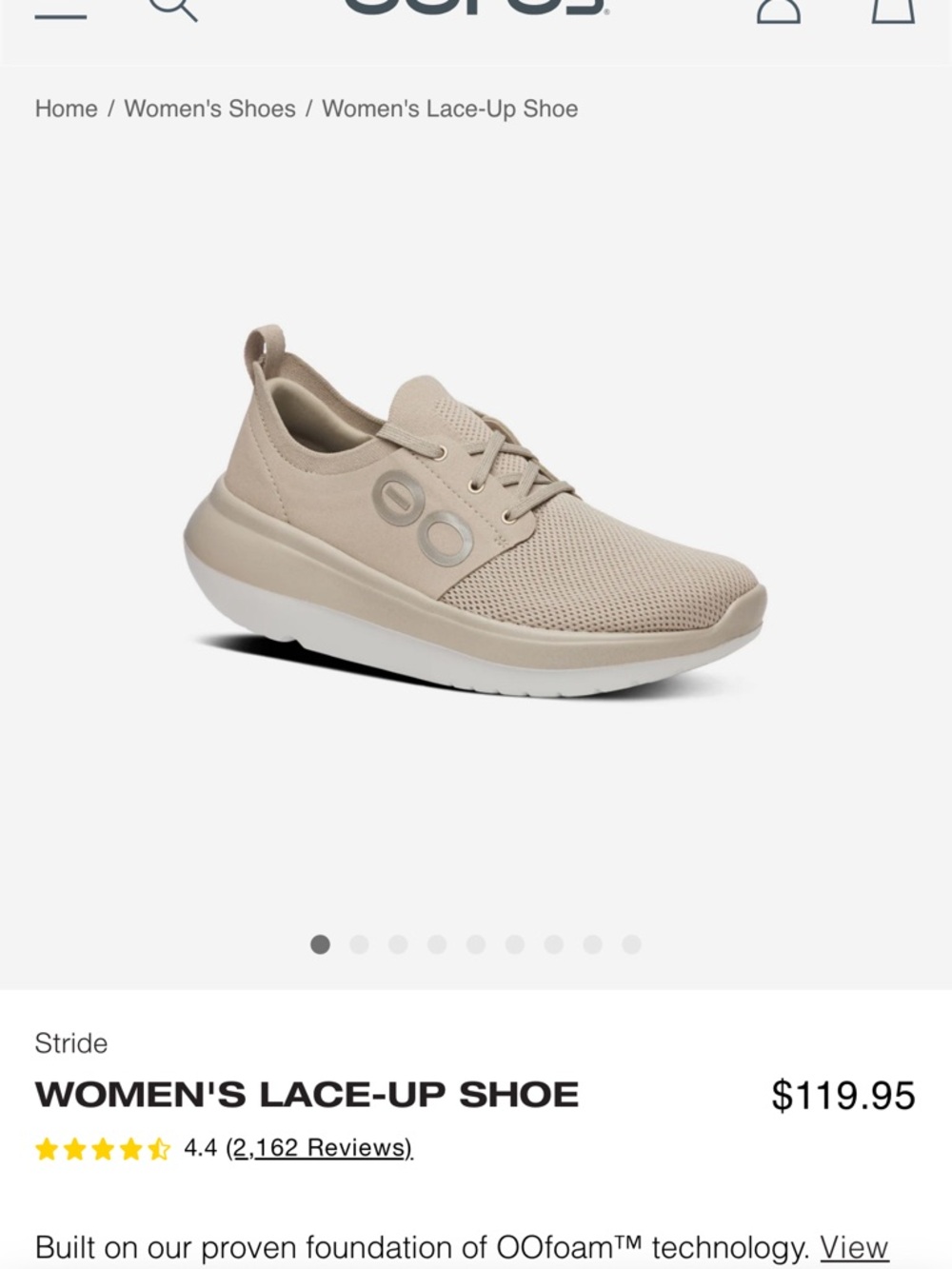 OOFOS Women's Stride Lace-Up Sneaker in Beige